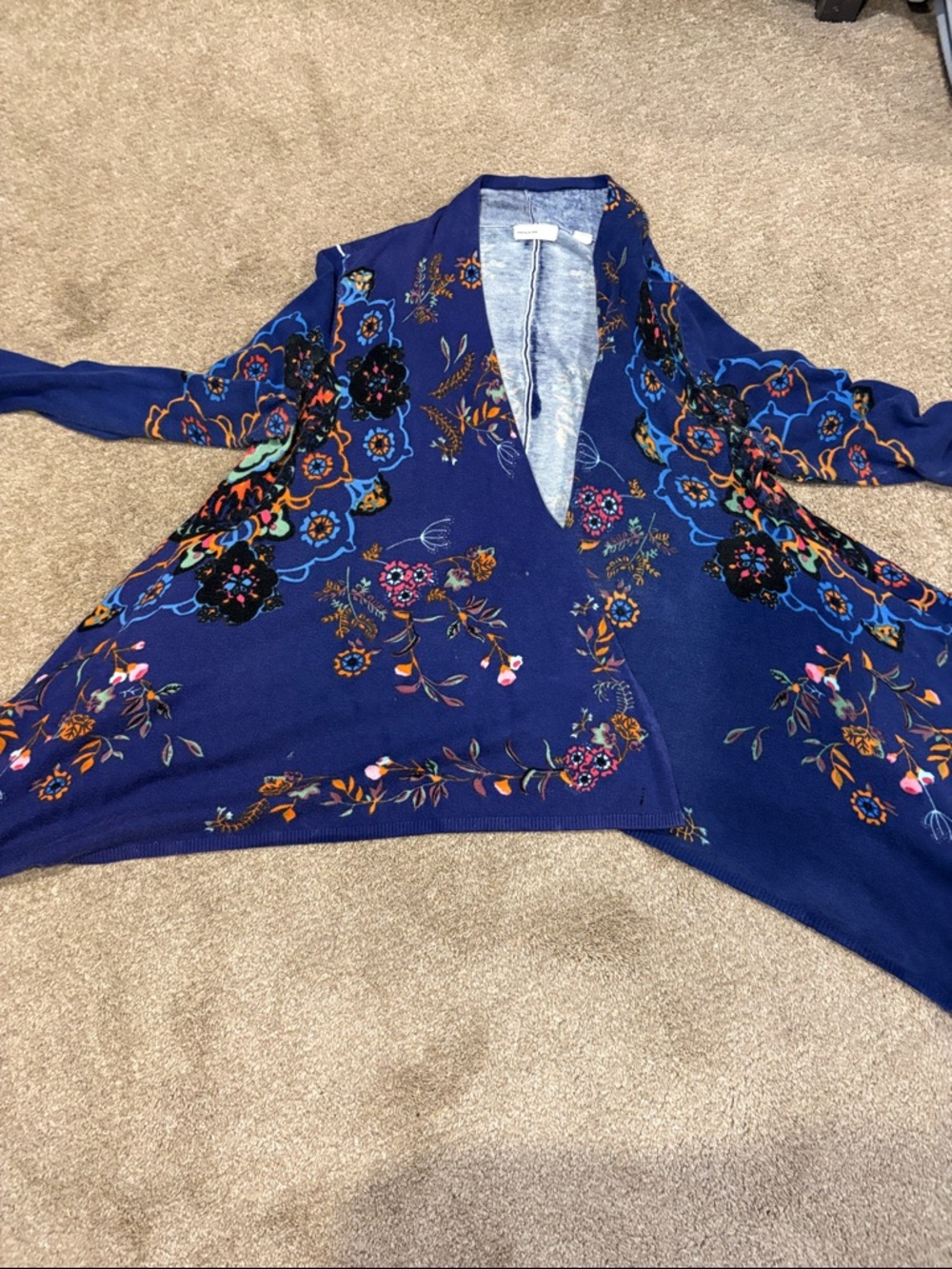 Anthropologie Navy Floral Embroidered V-Neck Cardigan